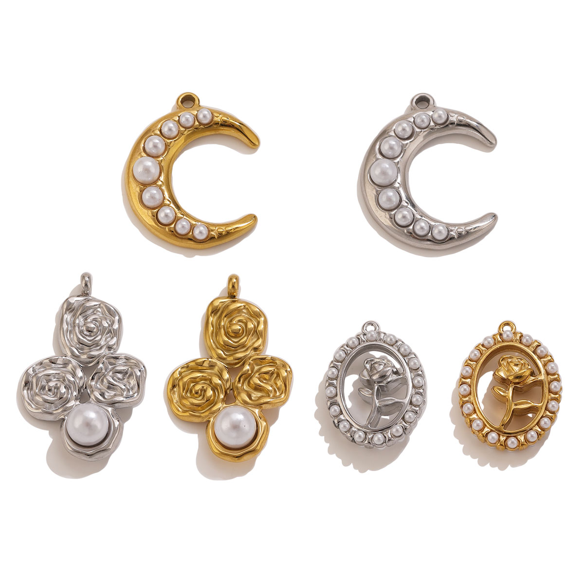 Moon Star Earrings - 5 Stück Edelstahl 18K vergoldete Mond-Rosen-Perlen-Anhänger